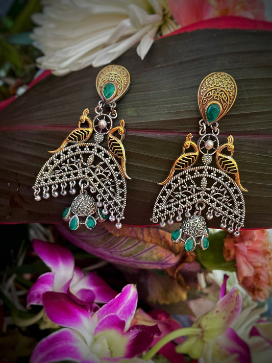 German Oxidized Silver Earrings Antique Tribal Trendy Peacock Design Engraved Danglers