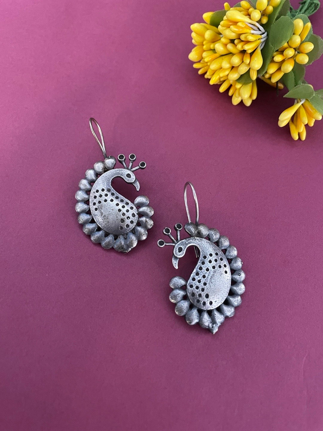 German Oxidized Dangler Peacock Designs Silver Earrings