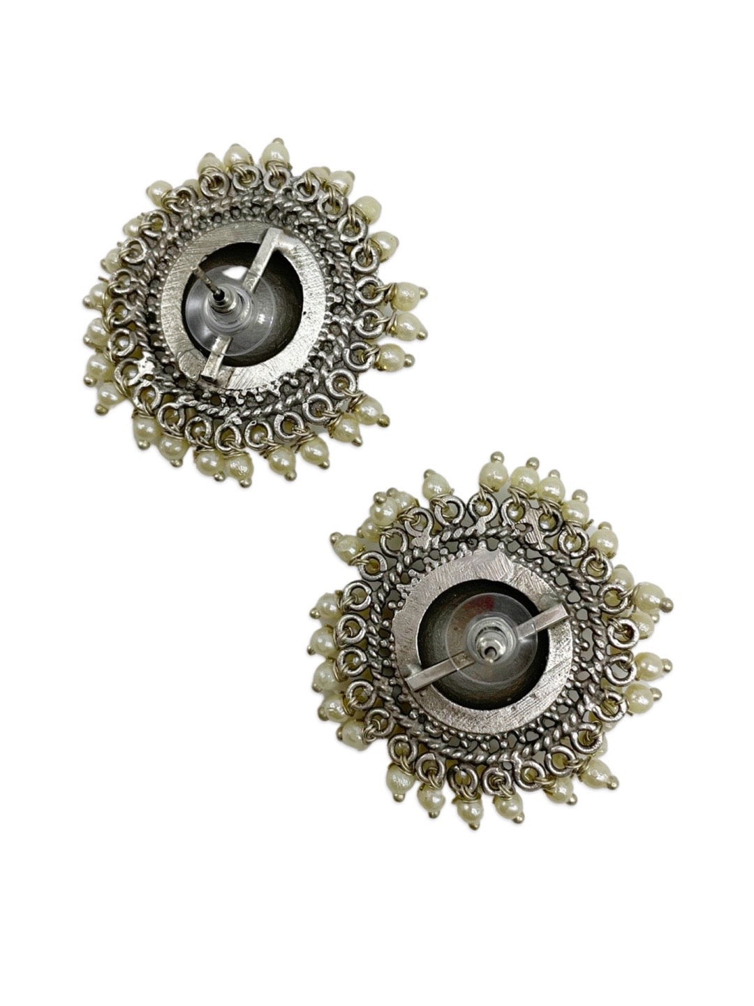 Mughal Style German Oxidized Silver Flower Designs Studs Earrings