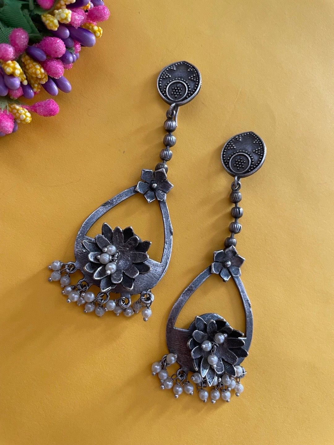 German Oxidized Silver Dangle Flower Design Earrings