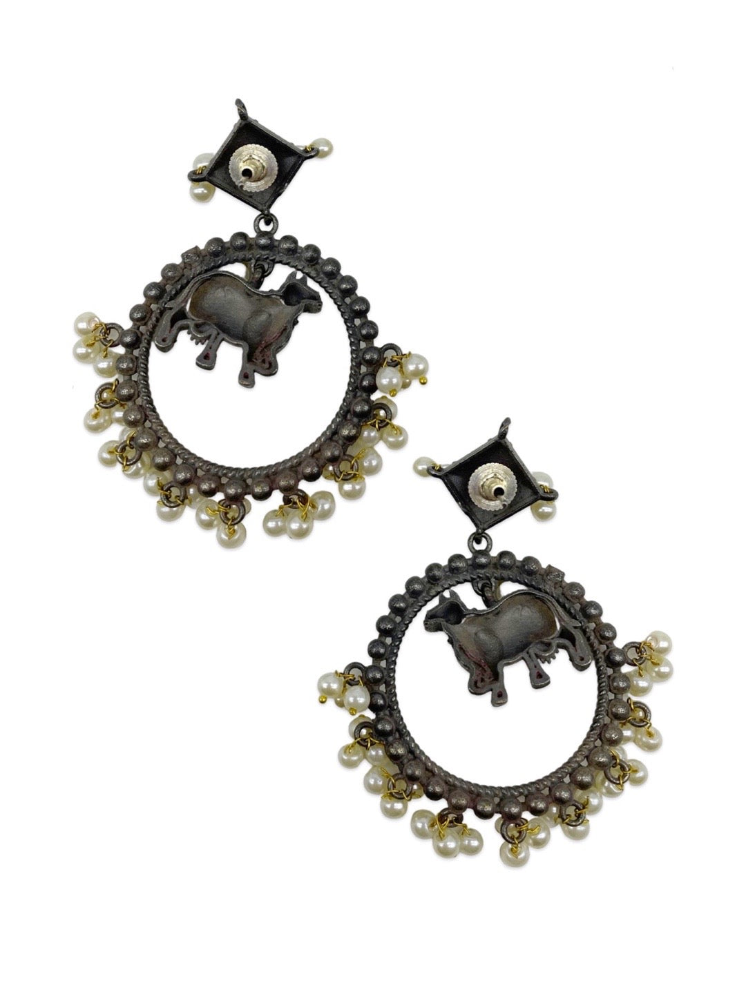 German Oxidized Silver Chand Bali Earrings With Dangler Cow Animal Design