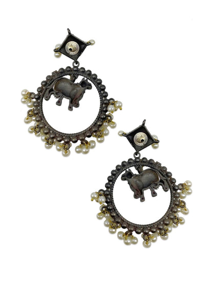 German Oxidized Silver Chand Bali Earrings With Dangler Cow Animal Design