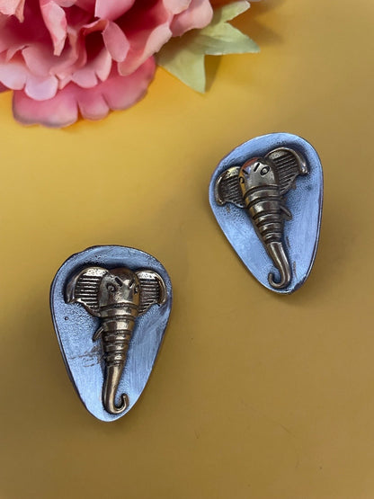 German Oxidized Silver Stud Elephant Embossed Earrings