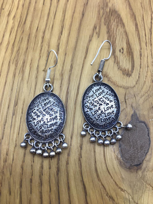 German Silver Oxidized Earrings Tribal Love words Engraved Oval Shape Light Antique Dangler Earrings