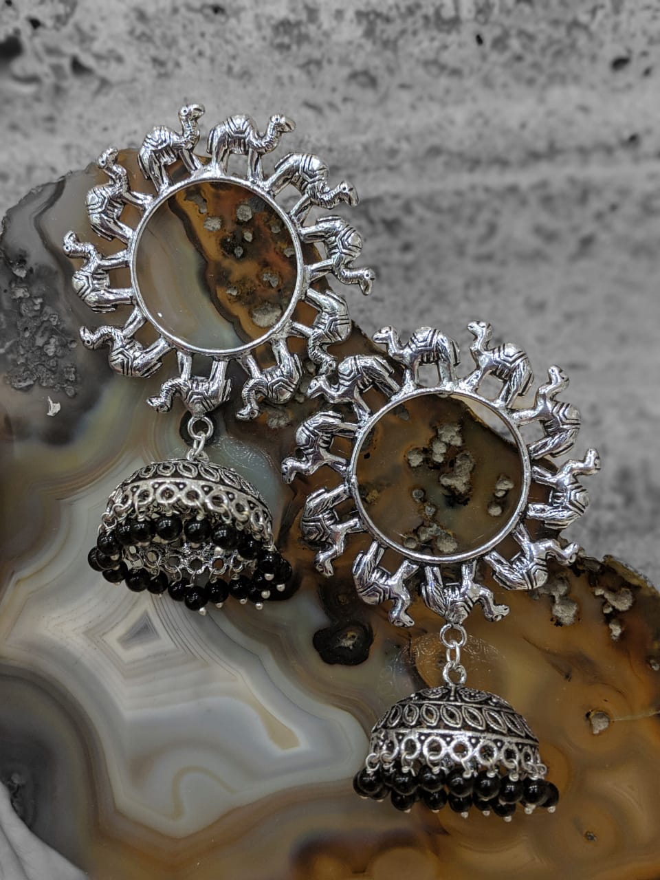Digital Dress Room Oxidised Silver Jaipuri Tribal Camel Animal Antique Jhumki Earrings