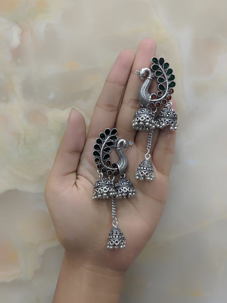 Digital Dress Room Oxidized Silver Plated Tribal Peacock Bells Antique Jhumki Earring