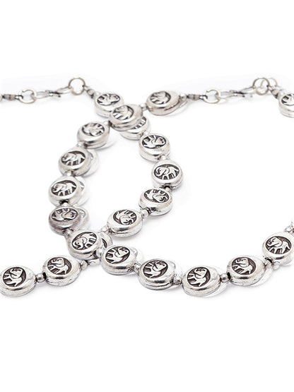 German Oxidised Silver Anklets Elephant Engraved Coins Design Payal Silver Plating Foot Jewellery