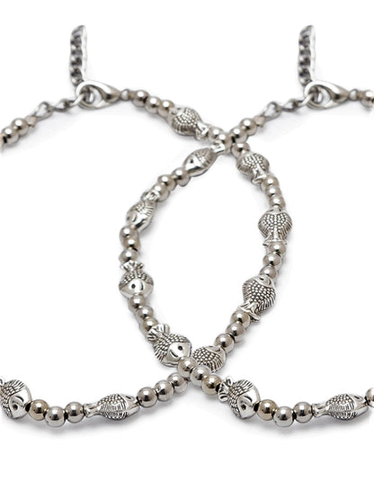 German Oxidised Silver Anklets Fish Design Silver Plating & Three Silver beads Paijan Foot Jewellery
