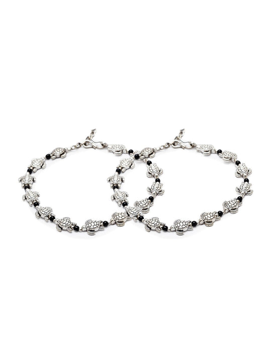 German Oxidised Silver Anklets Tortoise Payal Silver Plating Pazeb With Black beads Foot Jewellery