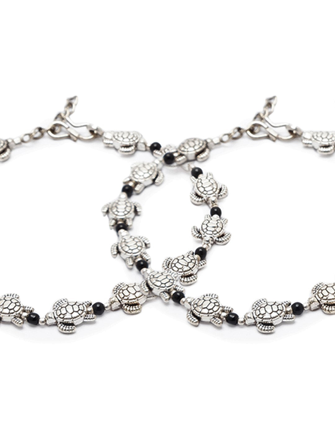 German Oxidised Silver Anklets Tortoise Payal Silver Plating Pazeb With Black beads Foot Jewellery