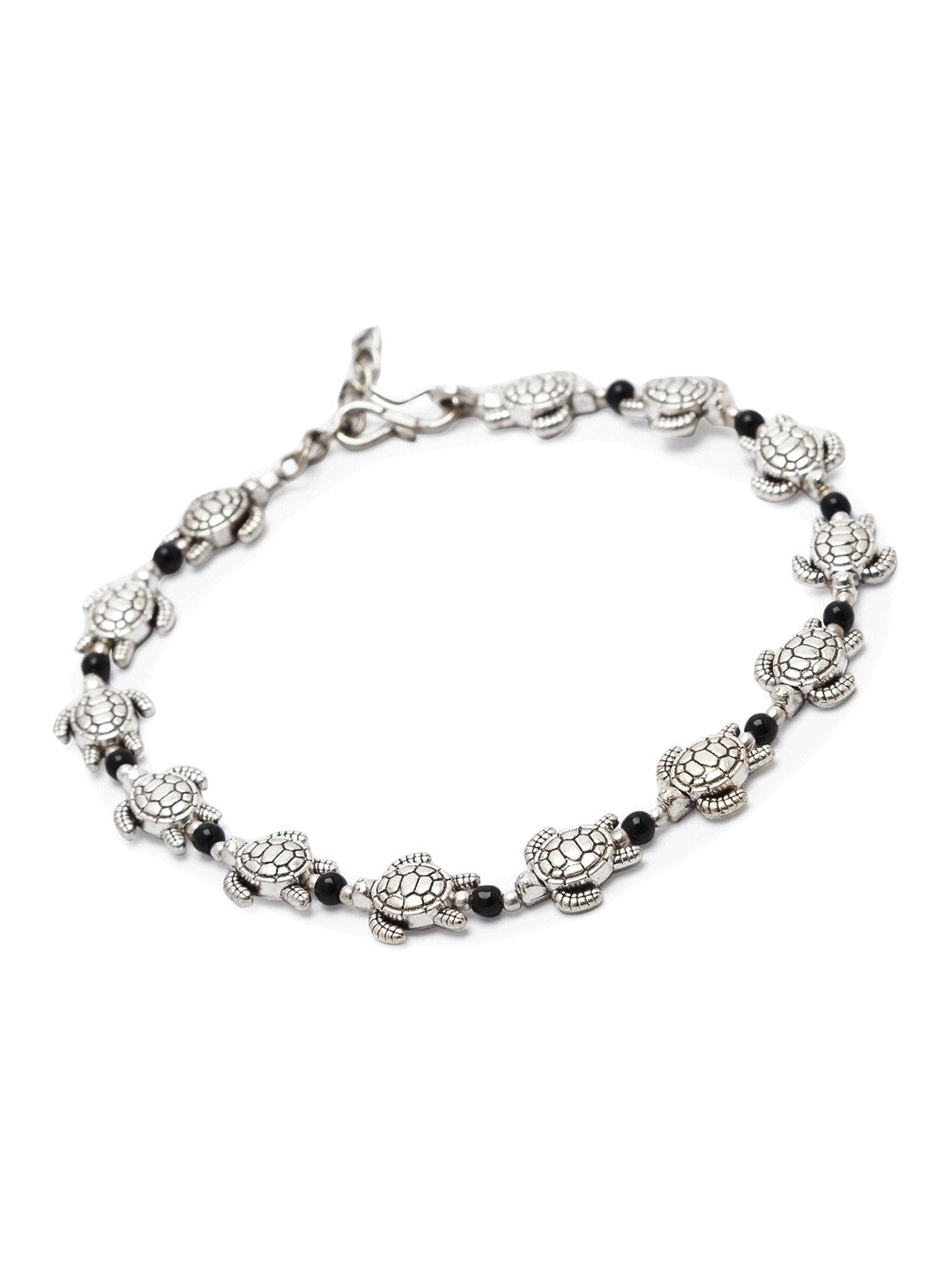 German Oxidised Silver Anklets Tortoise Payal Silver Plating Pazeb With Black beads Foot Jewellery