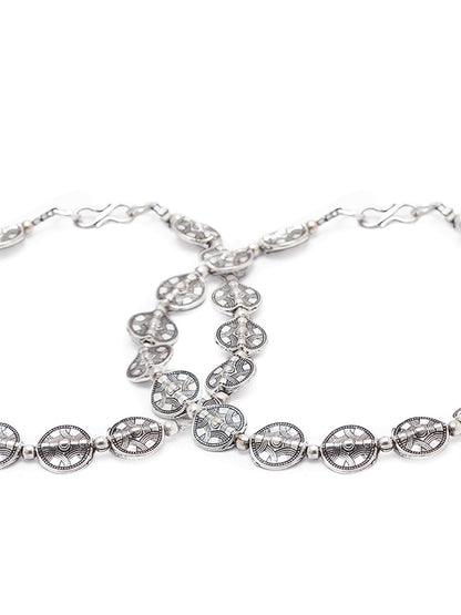 German Oxidised Silver Anklets Engraved Tribal Design Coins Payal Silver Plating & Beads Paijan