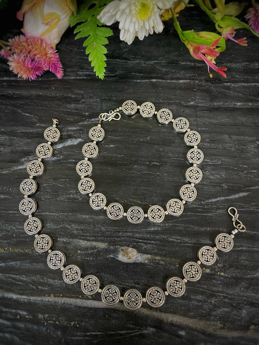 German Oxidised Silver Anklets Tribal Egypt Flower Engraved Coins Payal Silver Plating & Beads Paijan