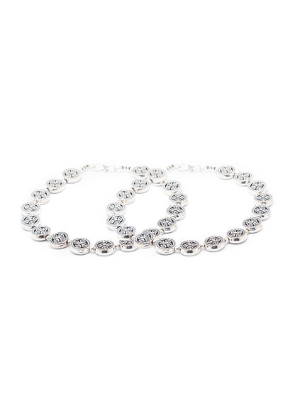 German Oxidised Silver Anklets Tribal Egypt Flower Engraved Coins Payal Silver Plating & Beads Paijan