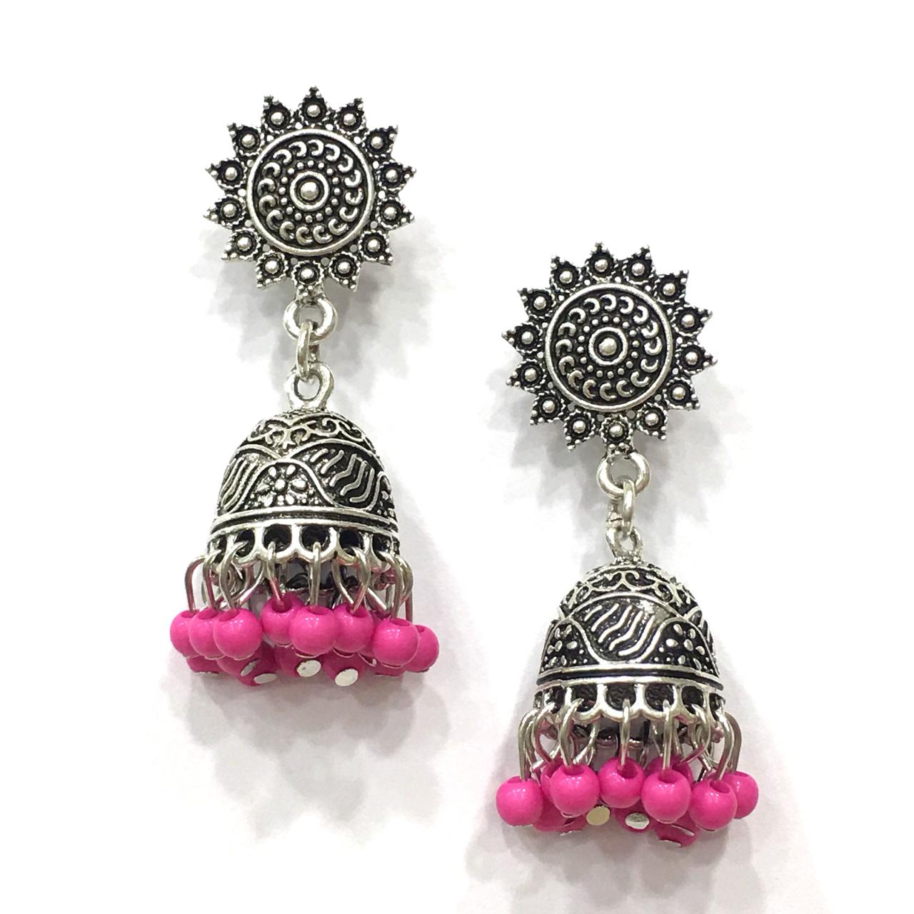 Digital Dress Room Pink Beads with Silver Jhumki Earring