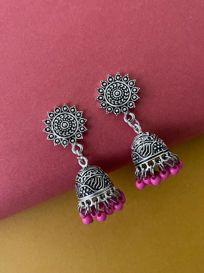 Pink Beads with Silver Jhumki Earring