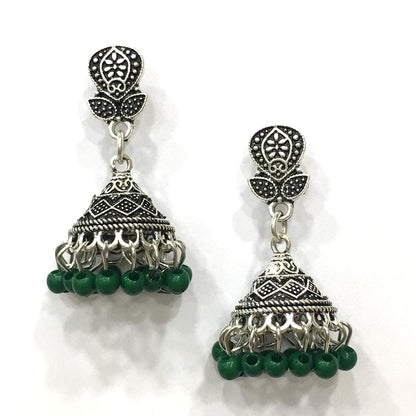 Digital Dress Room Green Beads Design Silver-Plated Jhumki Earring