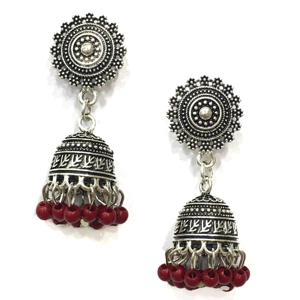 Digital Dress Room Red Beads Design Silver-Plated Jhumki Earring