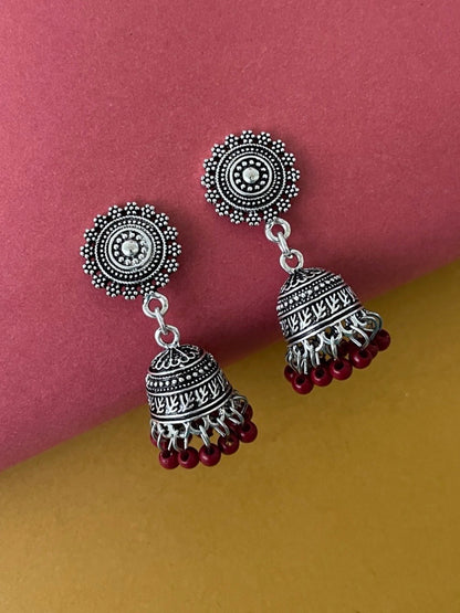 Red Beads Design Silver-Plated Jhumki Earring