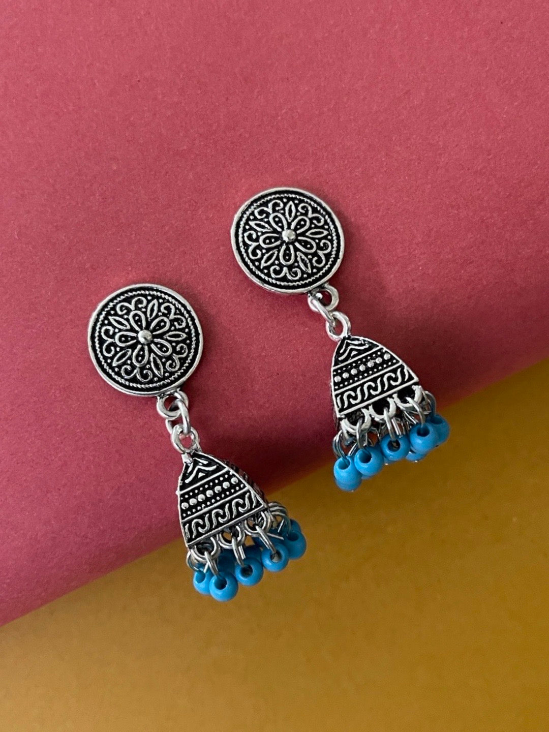 Blue Beads Design Silver-Plated Jhumki