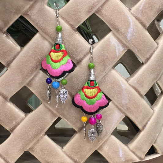 Digital Dress Room Silver Plated Earring with Multicolored Embroidered Floral & Owl beads Hook Earrings