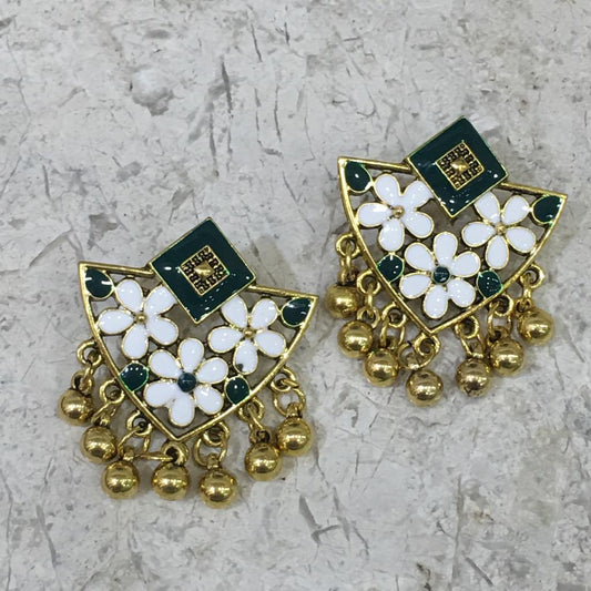 Digital Dress Room Enamel Work Earring with Gold Plated Oxidized Floral Design Alloy Stud Earrings