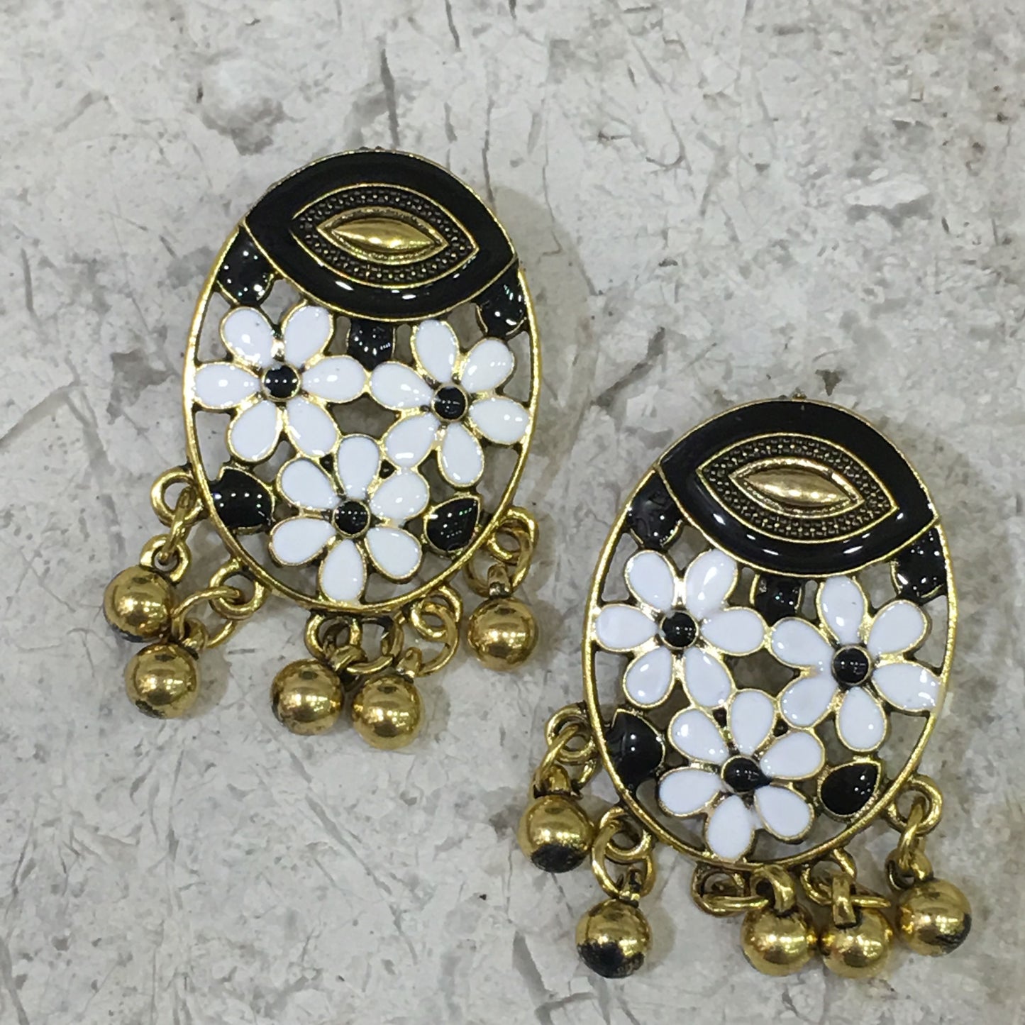 Digital Dress Room Traditional Gold Earring with Enaml Work and Dangling Gold Balls