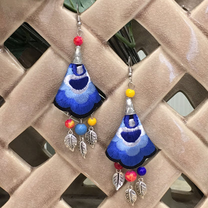 Digital Dress Room Elegant Embroidery Hook Earrings with colored Beads and Silver Leaf Danglers