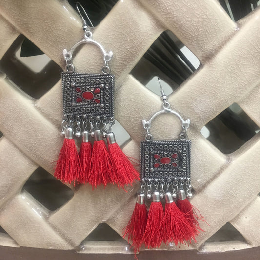 Digital Dress Room Traditional Silver & Red Hook Earring with Red Tassels