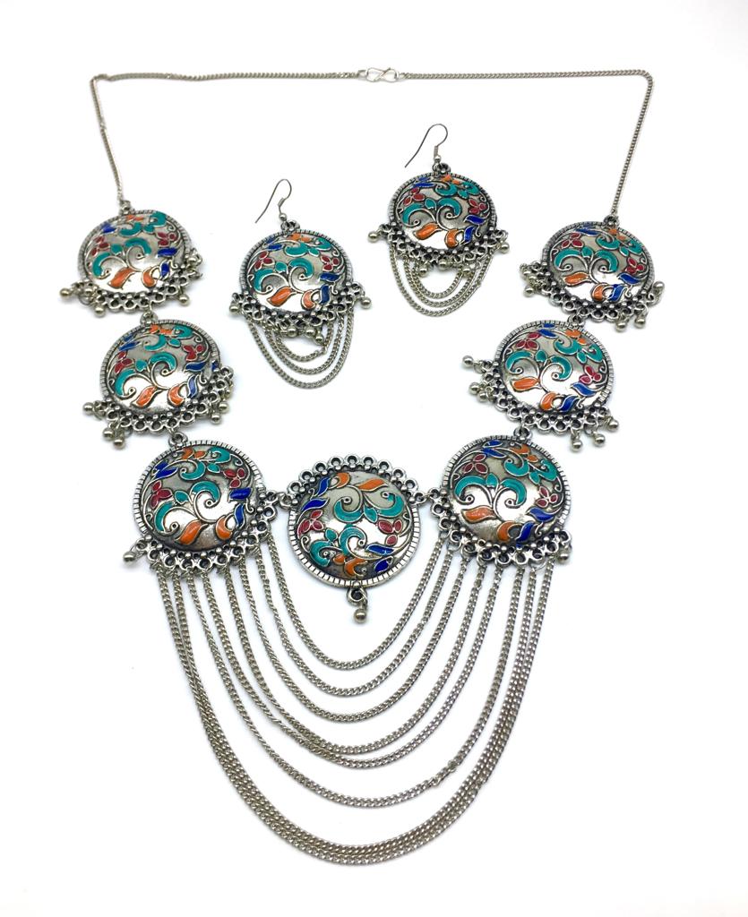 Digital Dress Room Multi-color Meenakari Work Pendant Chains Necklace Earring Set