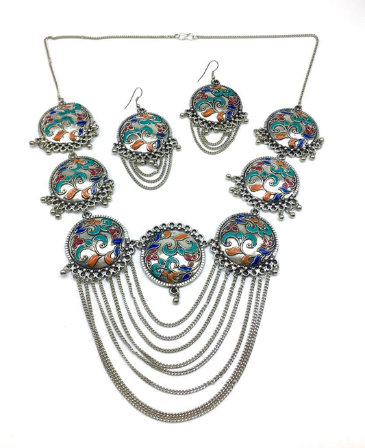 Digital Dress Room Multi-color Meenakari Work Pendant Chains Necklace Earring Set
