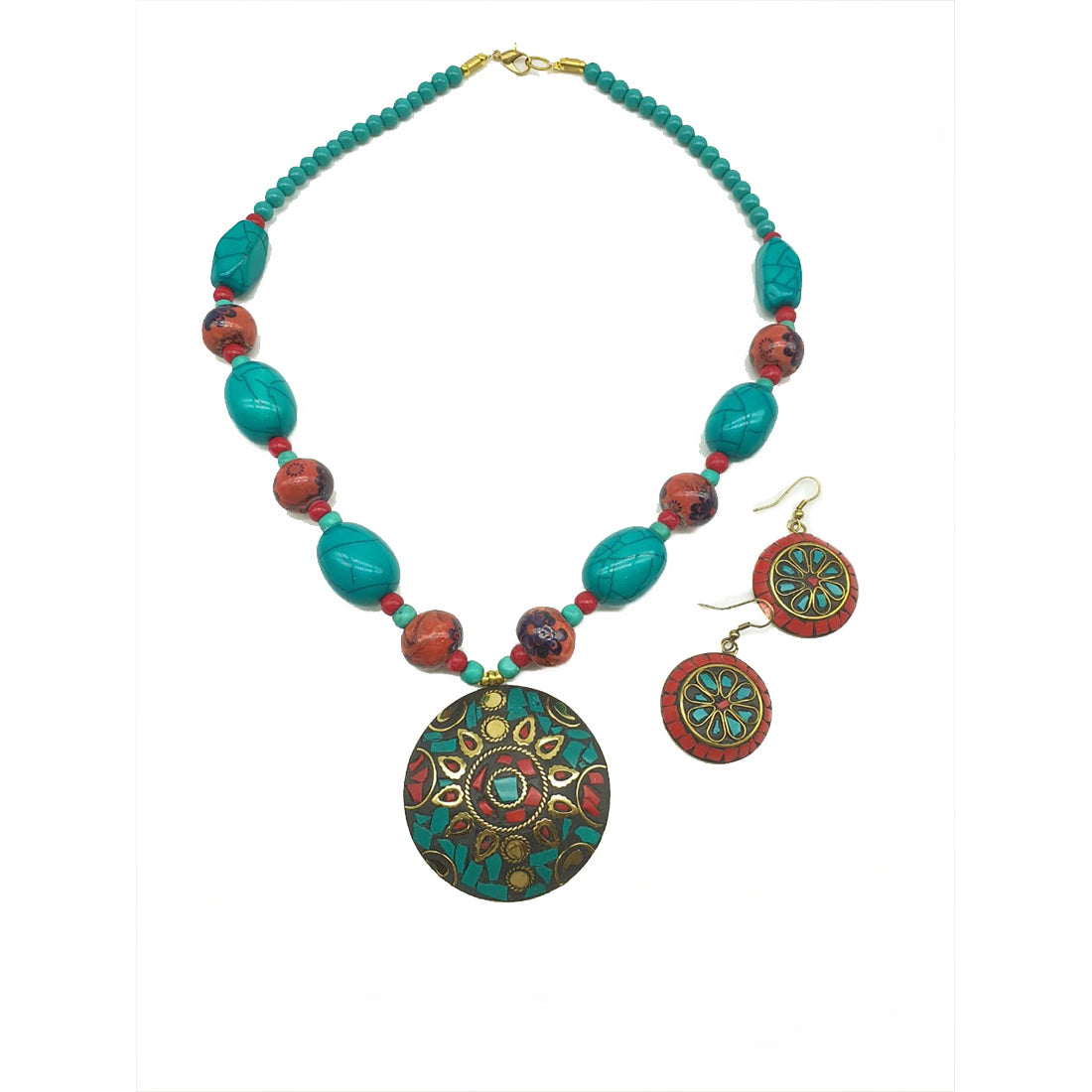 Digital Dress Room Latest Short Necklace Set Designs in Gold Finish Antique Design Multi-Color Pendant Necklace & Earrings