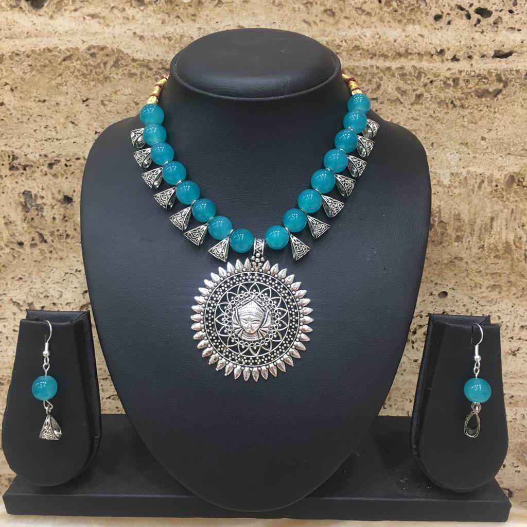 Digital Dress Room Antique Silver Plated Lakshmi (Laxmi) Pendent Blue Beaded Necklace Earring Set