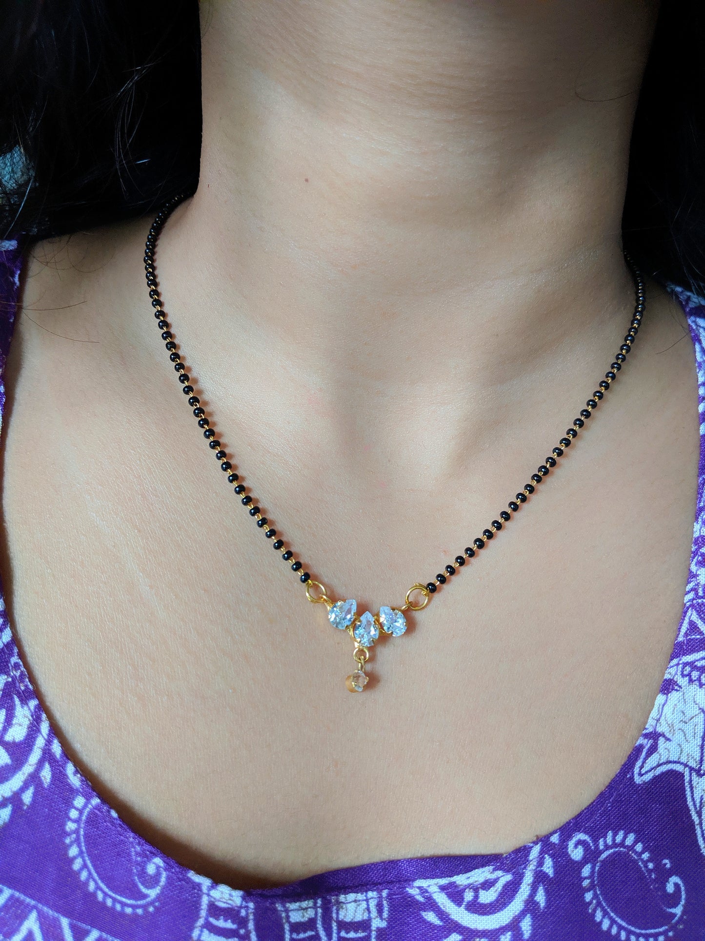 Digital Dress Room Short Mangalsutra Designs Gold Plated Latest 3 Stone American Diamond Pendant Mangalsutra