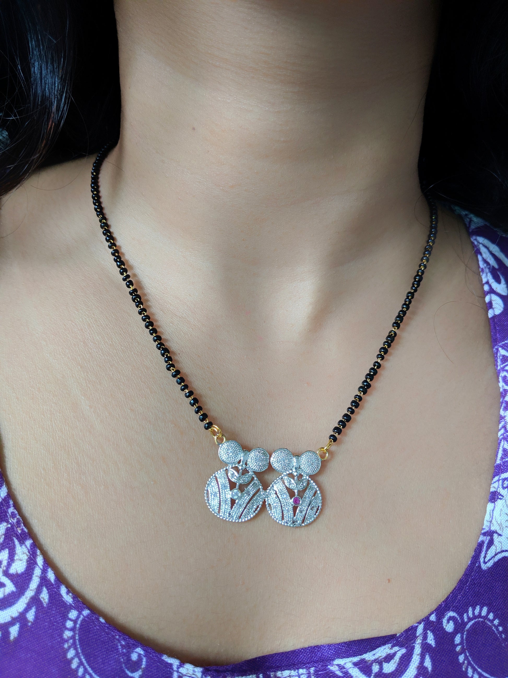 Digital Dress Room Short Mangalsutra Designs Gold Plated Latest American Diamond 2 Round Vati Pendant Mangalsutra