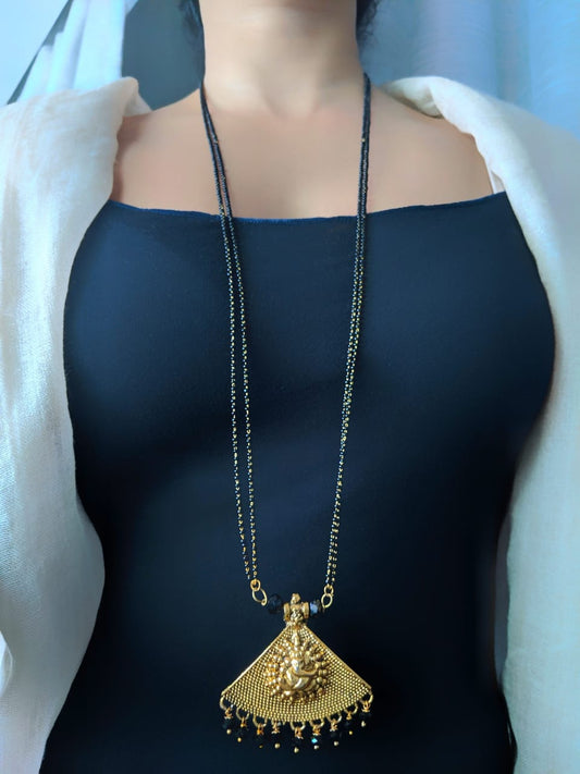 Digital Dress Room Long Mangalsutra Designs Gold Plated Latest Ganesh ji inspired Pendant Black Beads Chain Mangalsutra