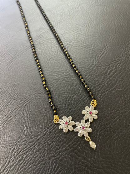 Short Mangalsutra Designs Gold Plated Latest American Diamond 3 Flower Pendant Latkan Black Beads Mangalsutra