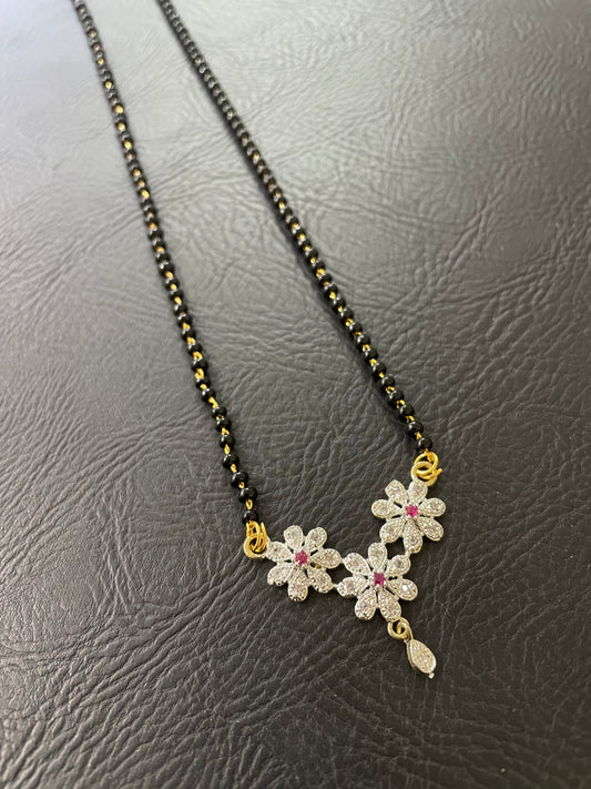 Short Mangalsutra Designs Gold Plated Latest American Diamond 3 Flower Pendant Latkan Black Beads Mangalsutra