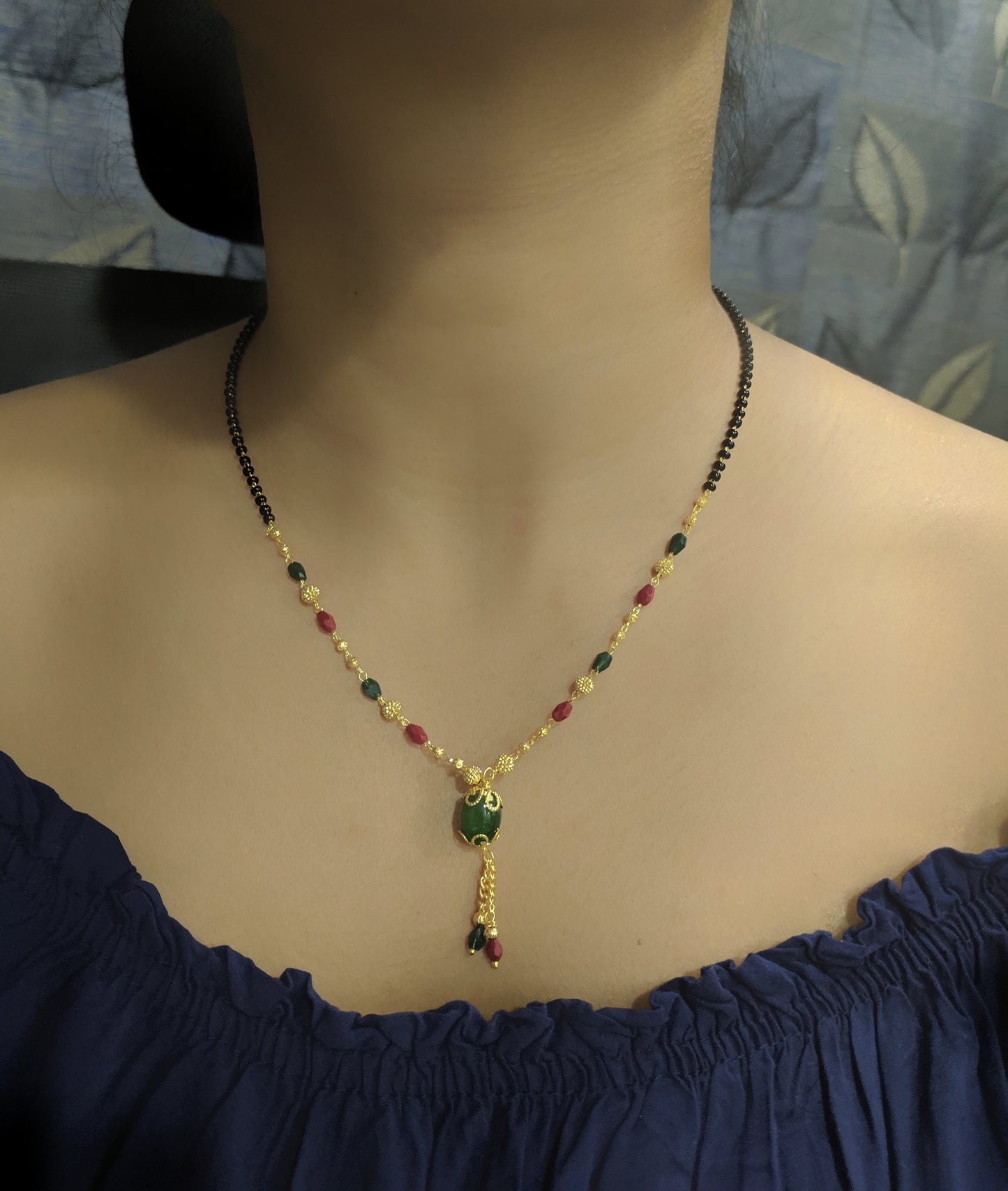 Digital Dress Room Short Mangalsutra Designs Gold Plated Latest Green Stone Pendant Multi-Color Latkan Mangalsutra