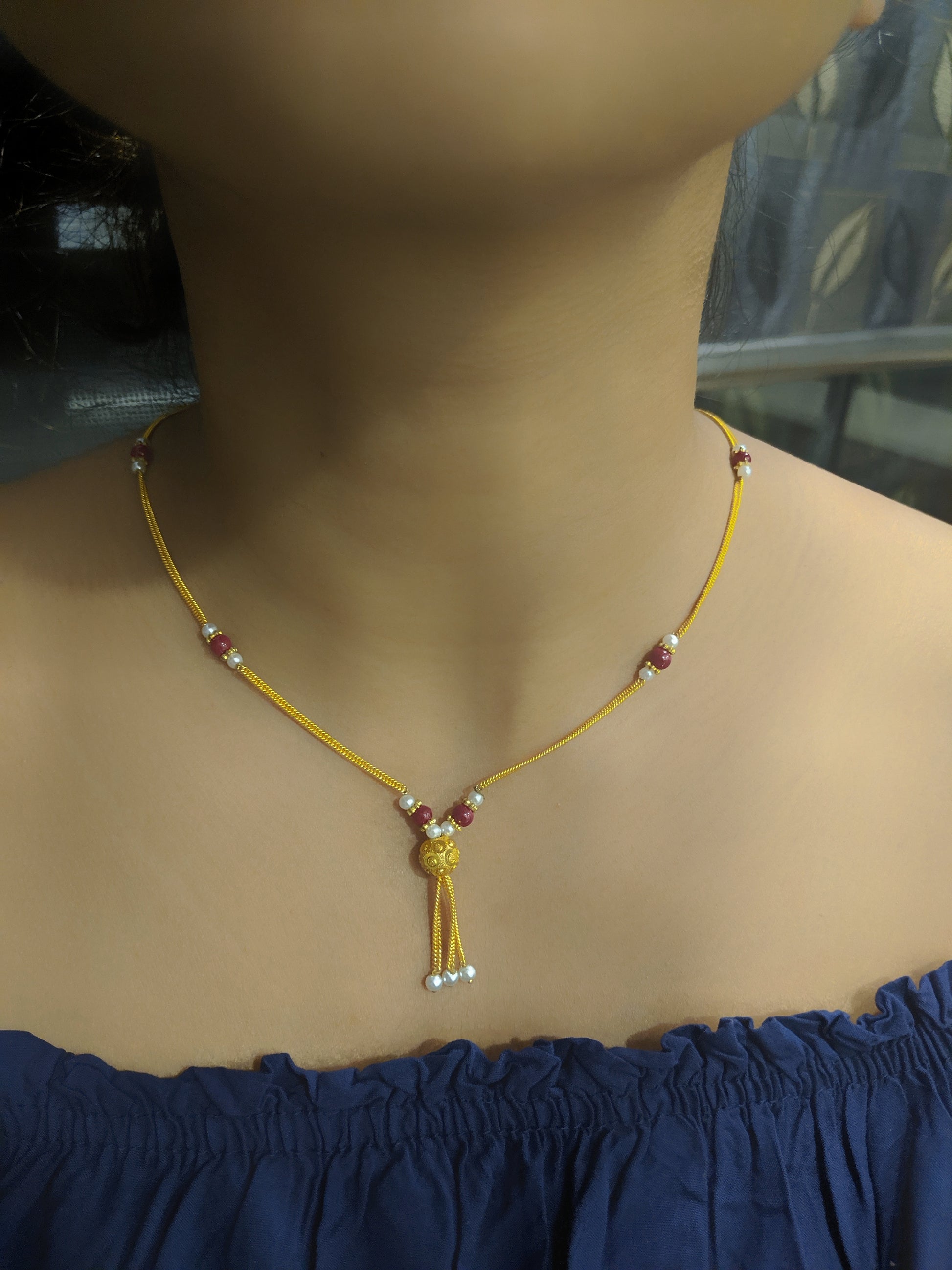 Short Mangalsutra Designs Gold Plated Latest Red Mani Beads Single Line Layer Chain Mangalsutra