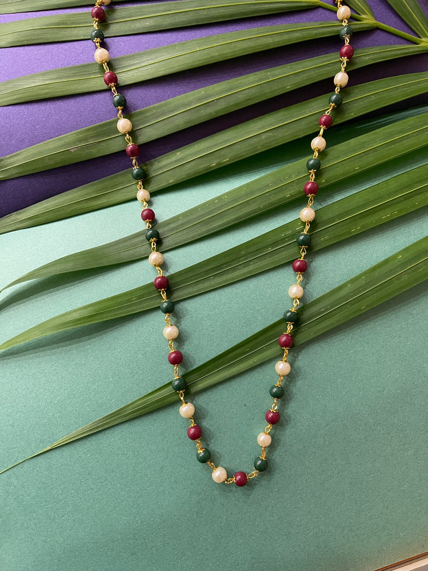 Gold Plated Necklace with Red Green & White Pearl Mala Necklace