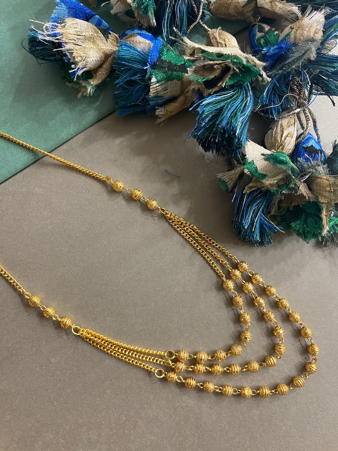 Gold Plated Necklace with Triple Chain 3 Layer Gundla Mala Big Golden Mani Necklace