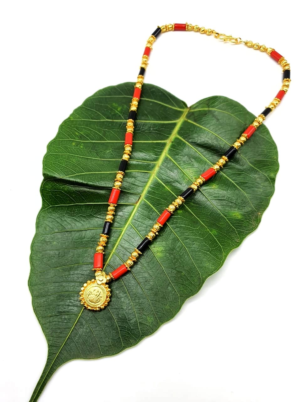 Digital Dress Room Short Mangalsutra Designs Gold Plated Latest Lakshmi (Laxmi) Coin Pendant Black Orange Beads Mangalsutra