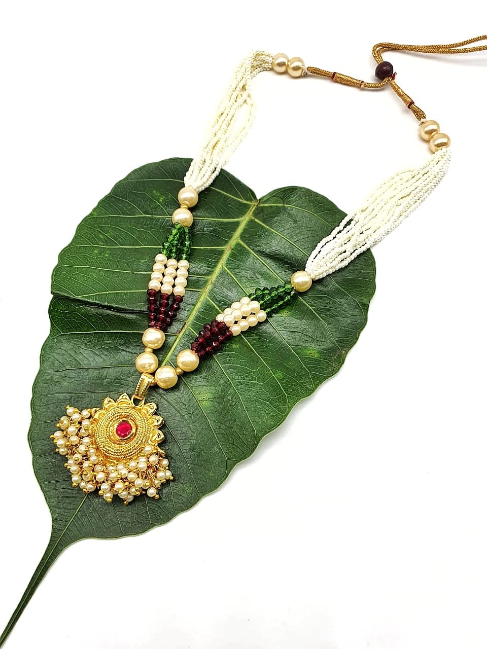 Digital Dress Room Gold Plated Necklace with Designer Pendant Pink Stone Multicolor White Pearl Bead Mala Necklace