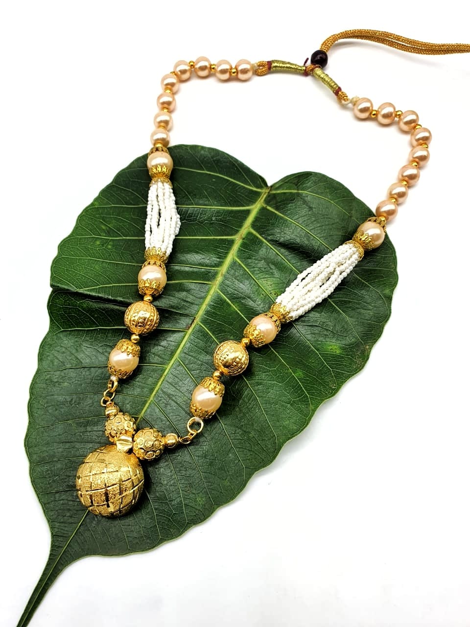 Digital Dress Room Gold Plated Necklace with Vati Pendant Big Golden Bead Mala Necklace
