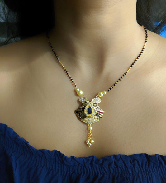 Digital Dress Room Short Mangalsutra Designs Gold Plated Latest Pearl Enamel Work Pendant 20-Inch Length Mangalsutra