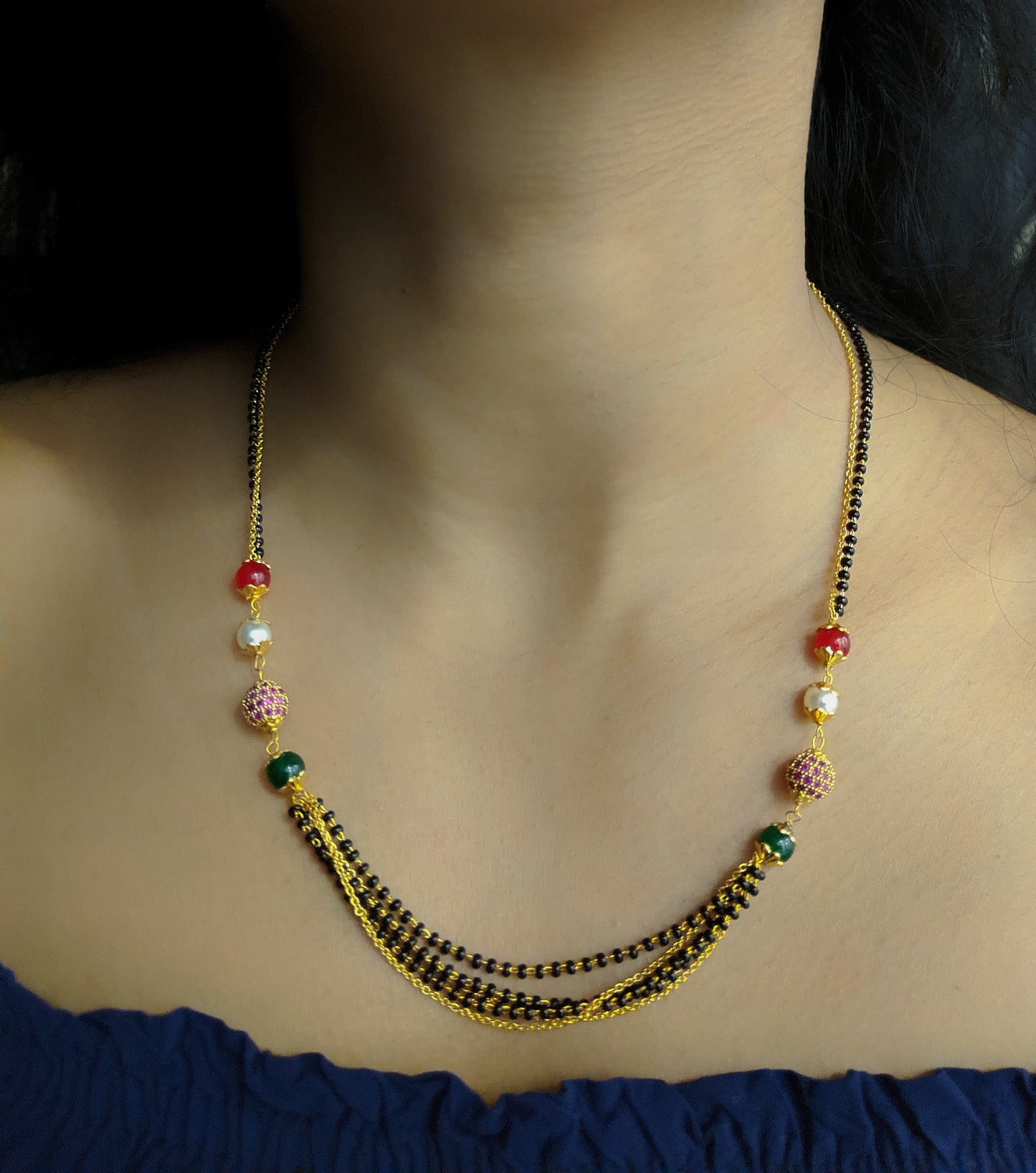 Digital Dress Room Short Mangalsutra Designs Gold Plated Latest Antique Multi Strand Red Green Stone White Pearl Mangalsutra