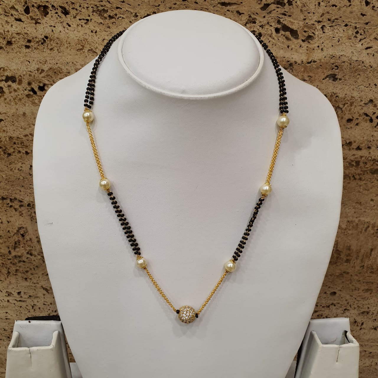 Short Mangalsutra Designs Gold Plated Latest Round Mani Stone Studded with Pearl Mangalsutra