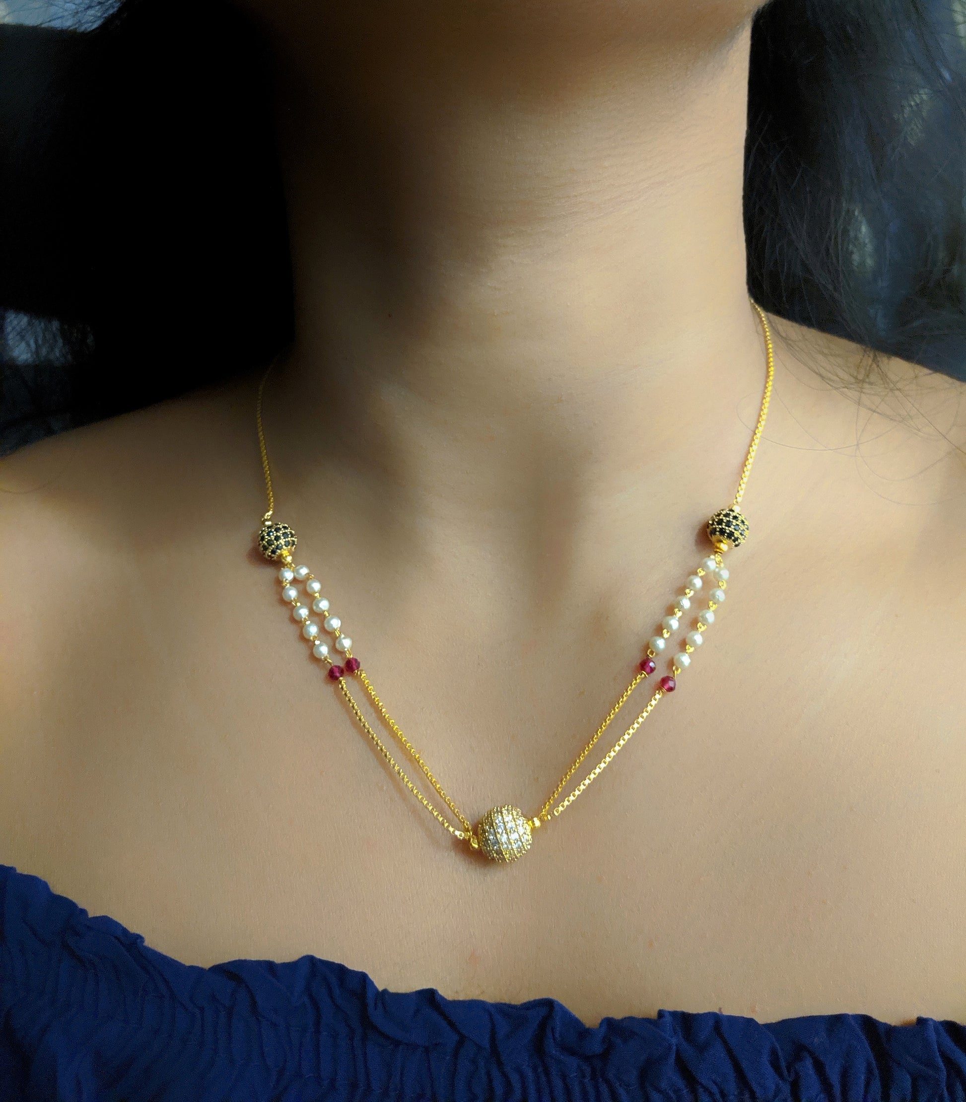 Digital Dress Room Latest Short Necklace Designs in Gold Finish Diamond Round Balls Layer Necklace
