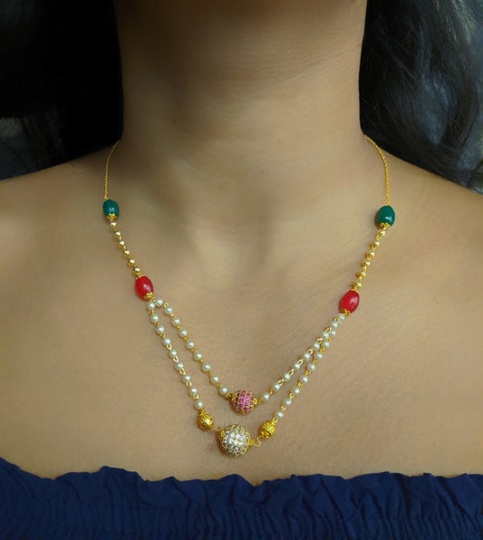 Digital Dress Room Latest Short Necklace Designs in Gold Finish Diamomnd Round Balls 2 Layer Necklace